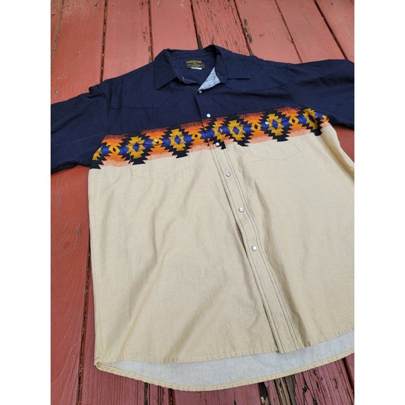 Vtg Rustler Wrangler Shirt Mens XLPearl Snap Aztec Blue Beige Brush Popper - Picture 2 of 7